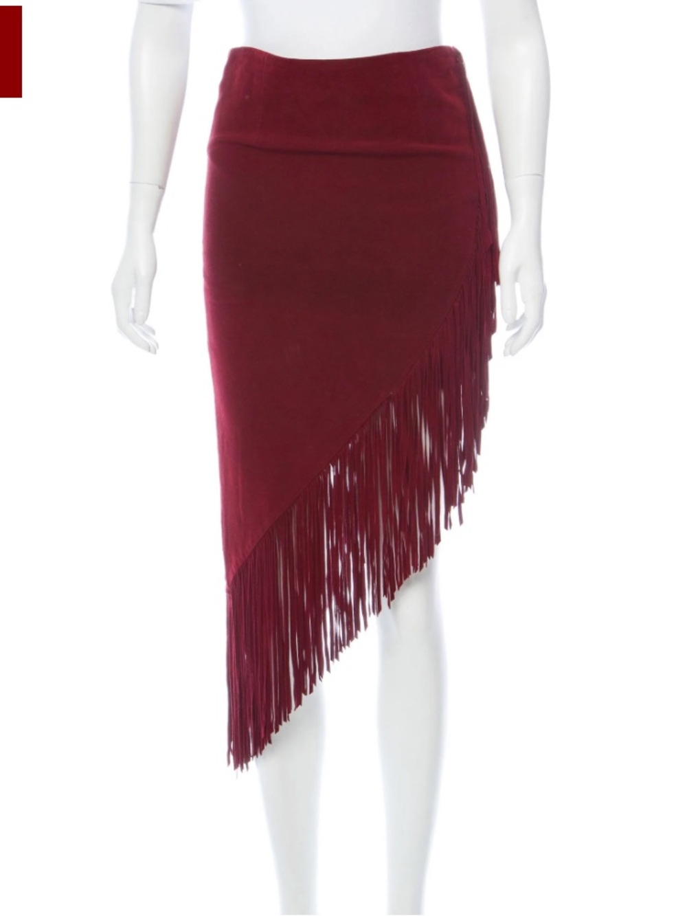 INTERMIX Burgundy Genuine Suede Leather Fringe Midi Skirt Petite $525